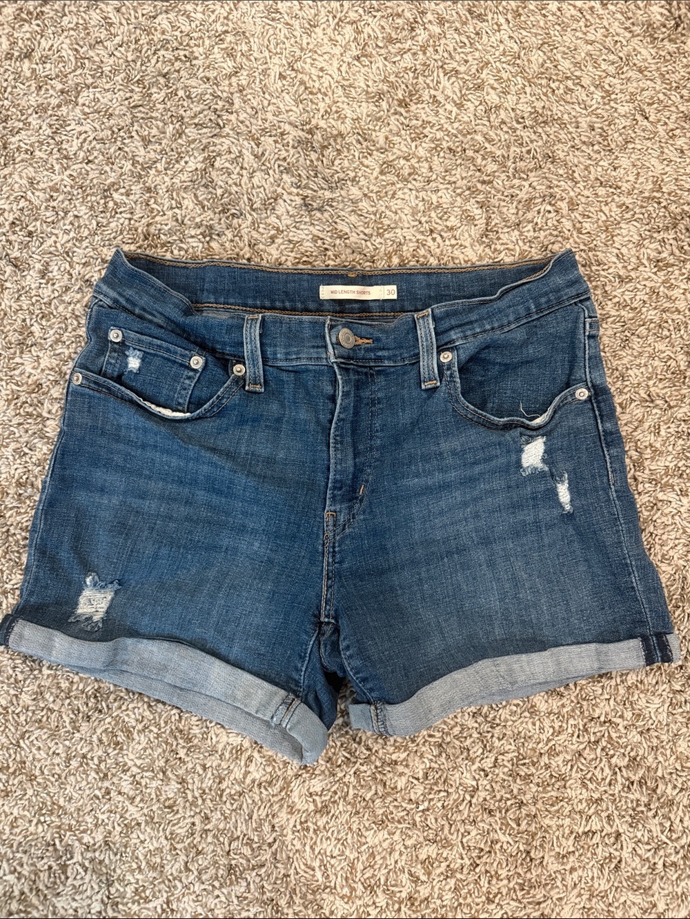 Levi's Dark Blue Distressed Rolled-Hem Jean Shorts
